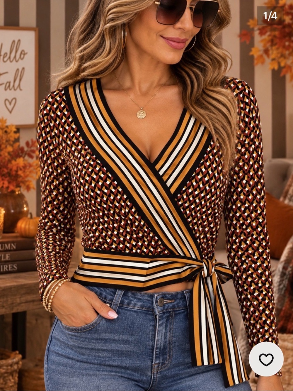 (G585)Michael Kors Rust, Black & Cream Striped Wrap Top